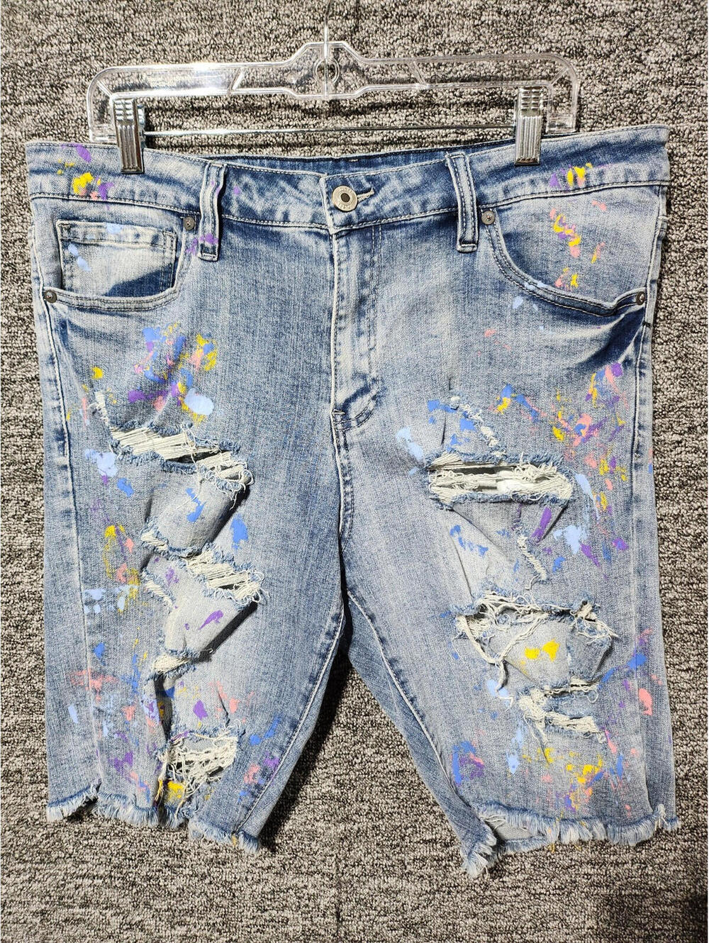 rue21 Premium Distressed Paint Splatter Denim Shorts Men Stretch Frayed Hem